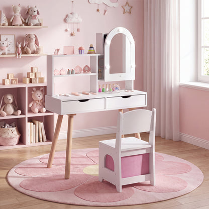 Kids Vanity Set with Lighted Mirror and Chair - White