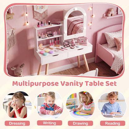 Kids Vanity Set with Lighted Mirror and Chair - White