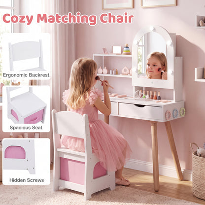 Kids Vanity Set with Lighted Mirror and Chair - White
