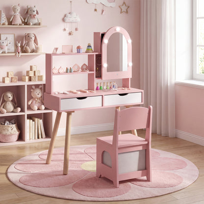 Kids Vanity Set with Lighted Mirror and Chair - White