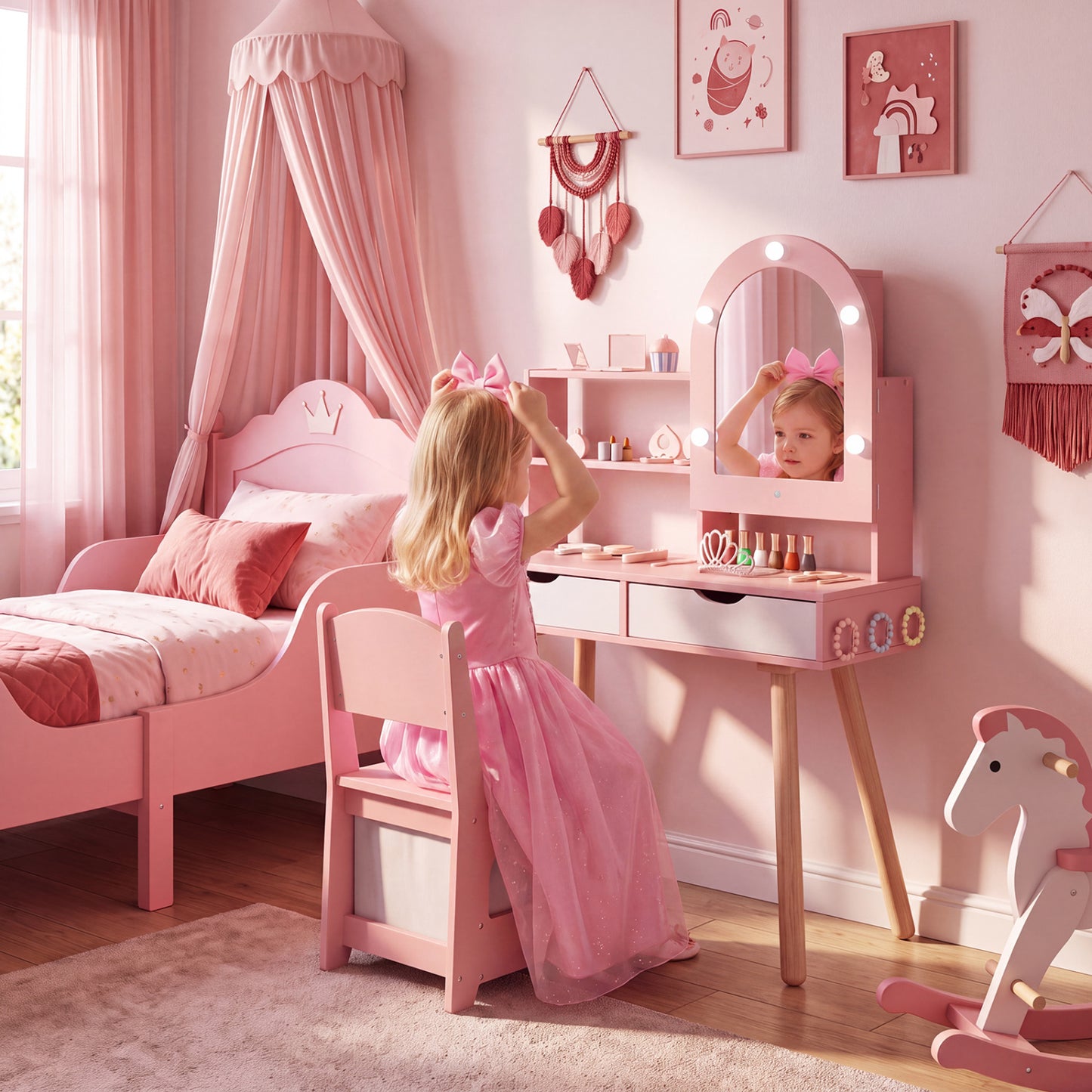 Kids Vanity Set with Lighted Mirror and Chair - White