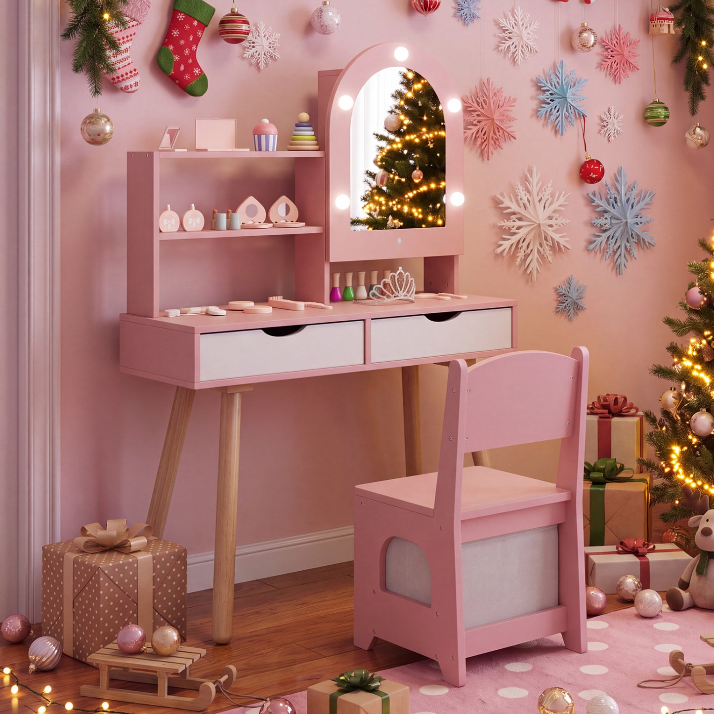 Kids Vanity Set with Lighted Mirror and Chair - White
