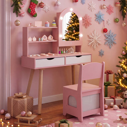 Kids Vanity Set with Lighted Mirror and Chair - White