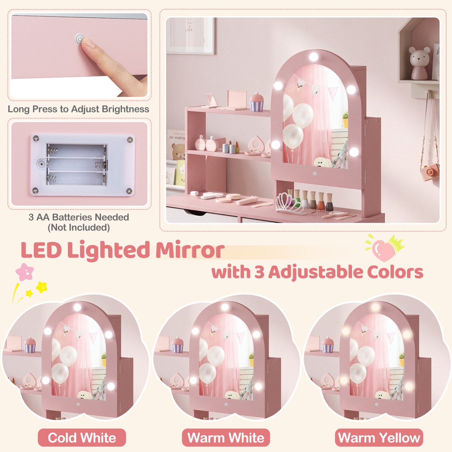 Kids Vanity Set with Lighted Mirror and Chair - White
