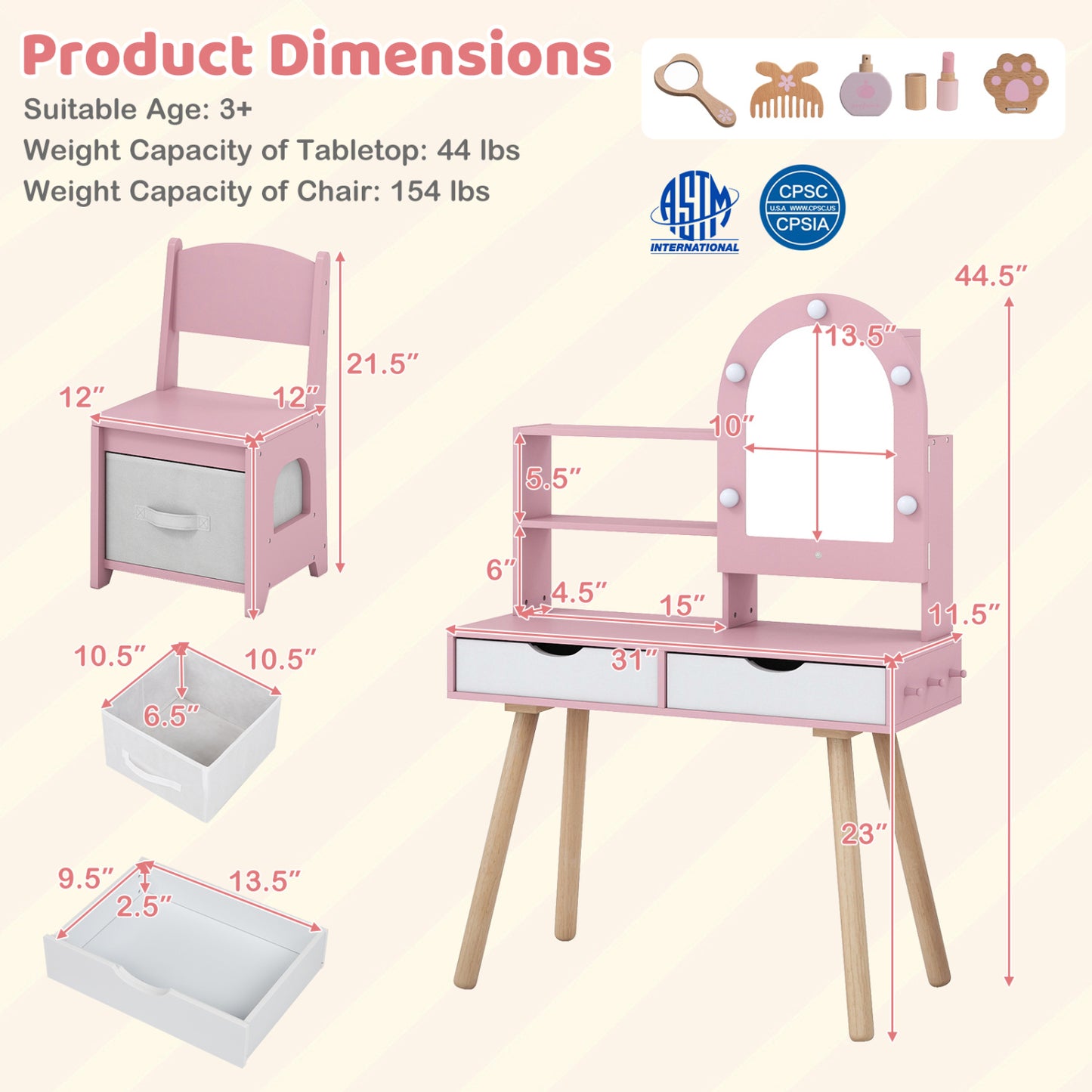 Kids Vanity Set with Lighted Mirror and Chair - White