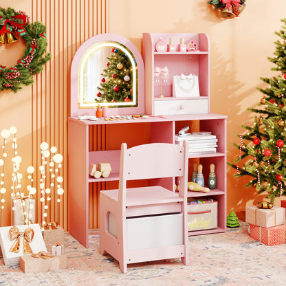Kids Vanity Set Princess Girls Makeup Vanity Desk with Chair and 3-Color LED Lighted Mirror-Pink