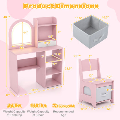 Kids Vanity Set Princess Girls Makeup Vanity Desk with Chair and 3-Color LED Lighted Mirror-Pink