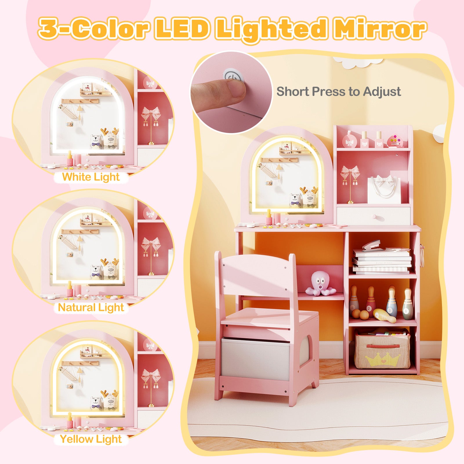 Kids Vanity Set Princess Girls Makeup Vanity Desk with Chair and 3-Color LED Lighted Mirror-Pink