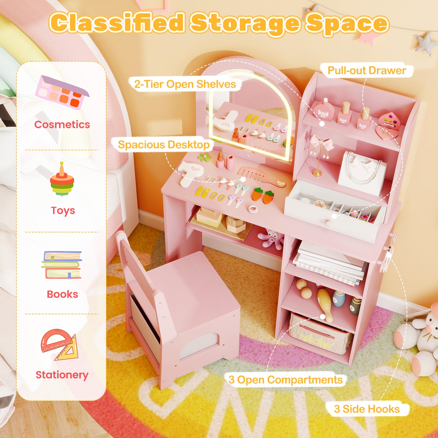 Kids Vanity Set Princess Girls Makeup Vanity Desk with Chair and 3-Color LED Lighted Mirror-Pink