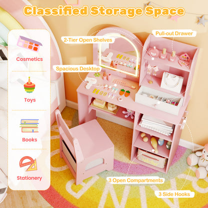 Kids Vanity Set Princess Girls Makeup Vanity Desk with Chair and 3-Color LED Lighted Mirror-Pink