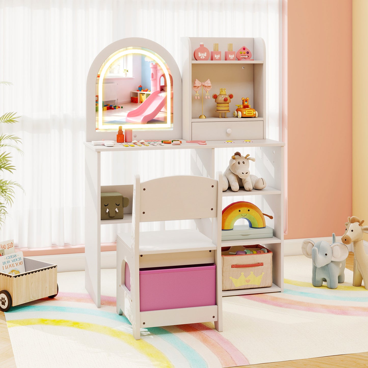 Kids Vanity Set Princess Girls Makeup Vanity Desk with Chair and 3-Color LED Lighted Mirror-White