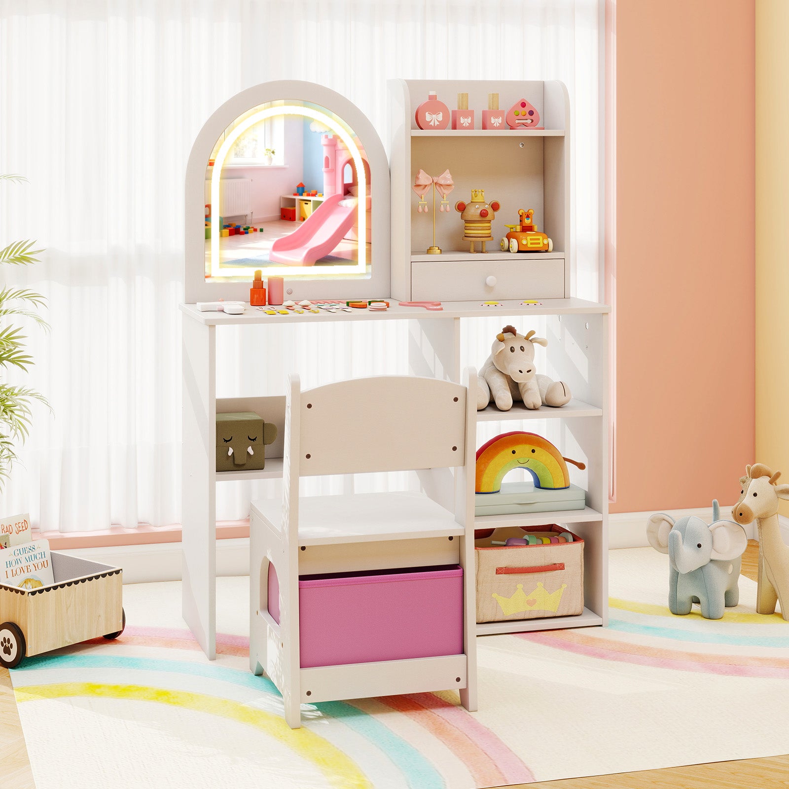 Kids Vanity Set Princess Girls Makeup Vanity Desk with Chair and 3-Color LED Lighted Mirror-White
