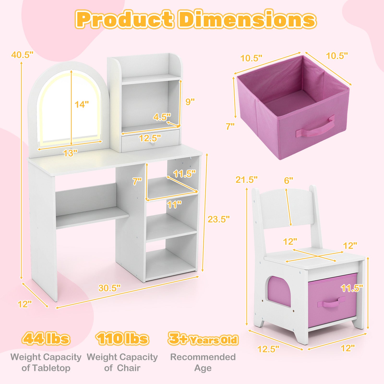 Kids Vanity Set Princess Girls Makeup Vanity Desk with Chair and 3-Color LED Lighted Mirror-White