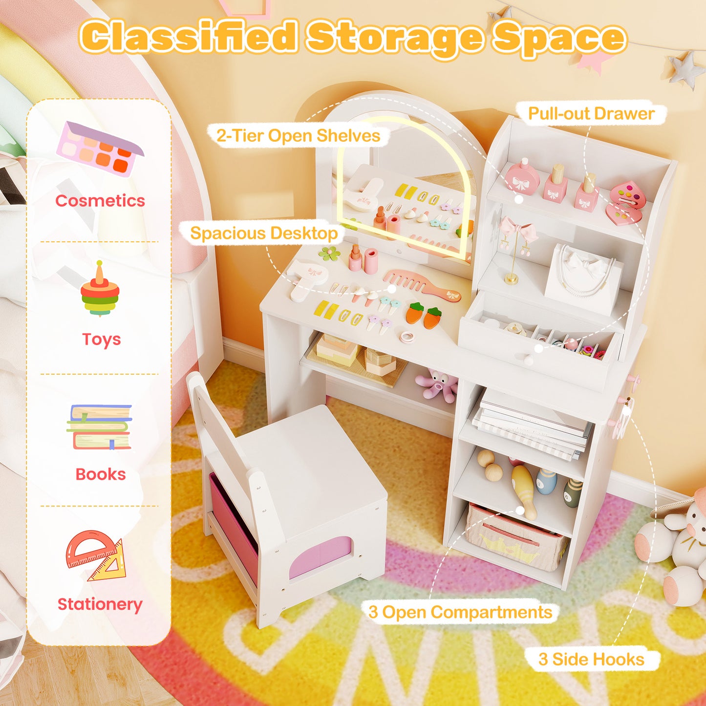 Kids Vanity Set Princess Girls Makeup Vanity Desk with Chair and 3-Color LED Lighted Mirror-White