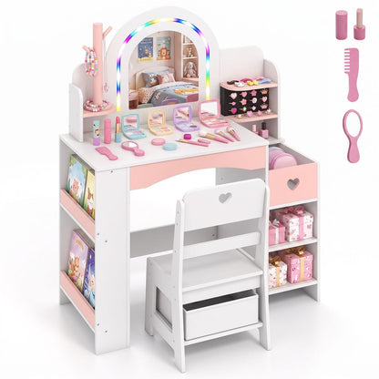 Kids Vanity Set with Colorful LED Lights and Jewelry Stand for Toddlers