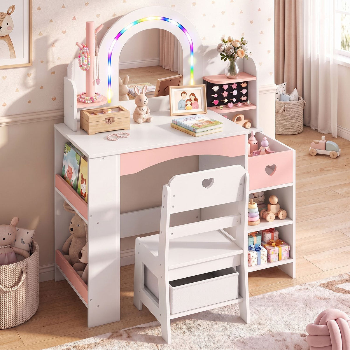 Kids Vanity Set with Colorful LED Lights and Jewelry Stand for Toddlers