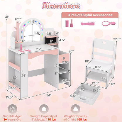 Kids Vanity Set with Colorful LED Lights and Jewelry Stand for Toddlers