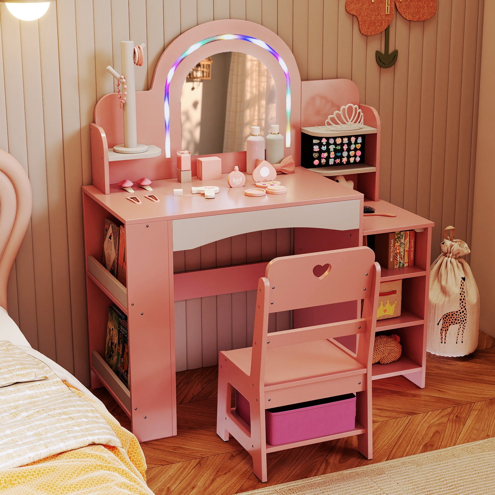 Kids Vanity Set with Colorful LED Lights Princess Makeup Dressing Table with Chair-Pink