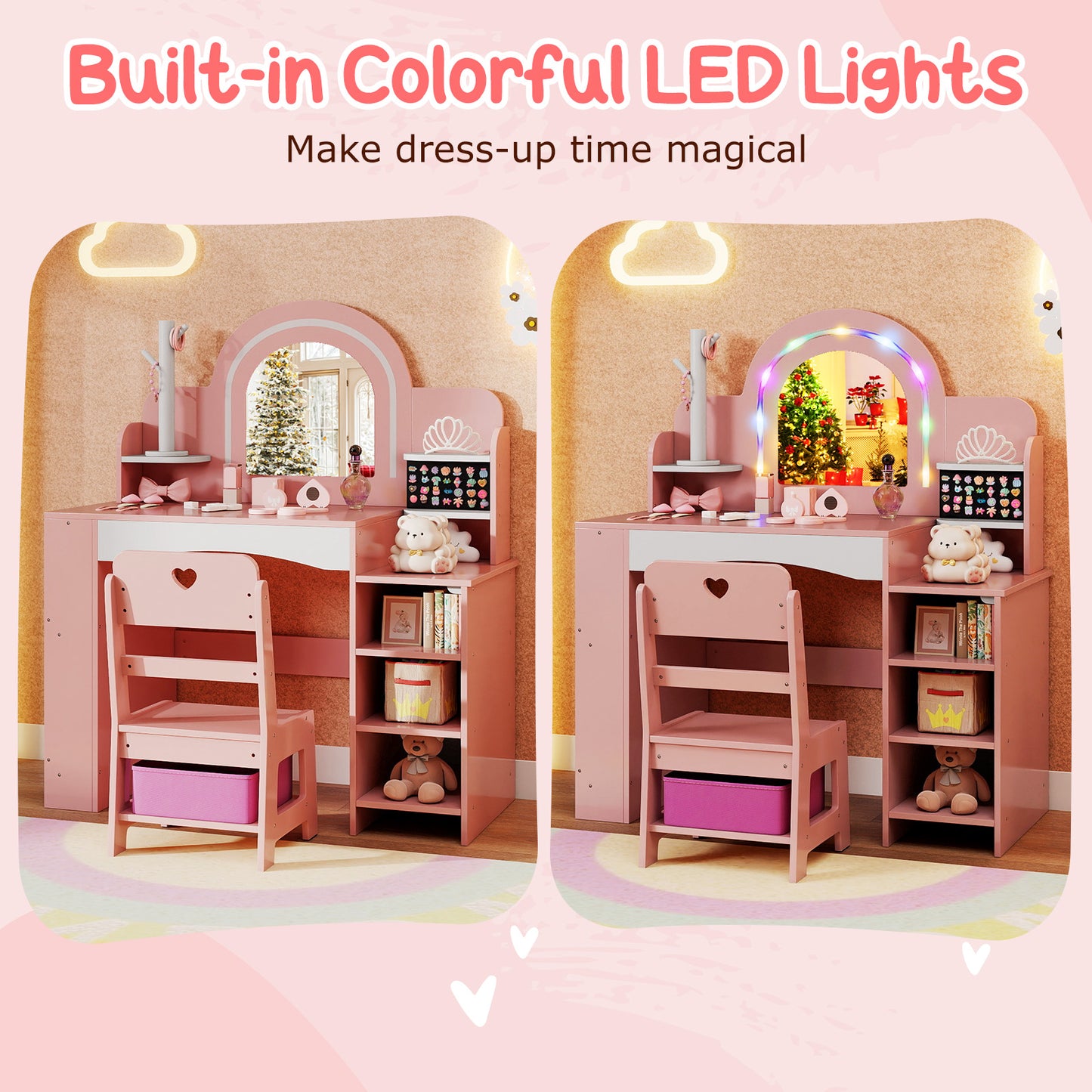 Kids Vanity Set with Colorful LED Lights Princess Makeup Dressing Table with Chair-Pink
