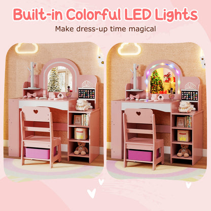 Kids Vanity Set with Colorful LED Lights Princess Makeup Dressing Table with Chair-Pink
