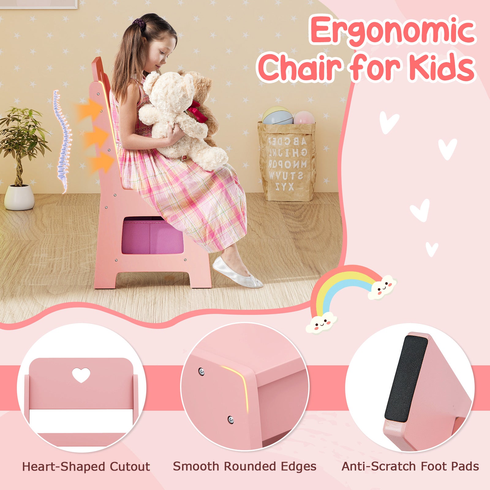 Kids Vanity Set with Colorful LED Lights Princess Makeup Dressing Table with Chair-Pink