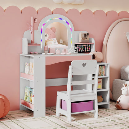 Kids Vanity Set with Colorful LED Lights Princess Makeup Dressing Table with Chair-White