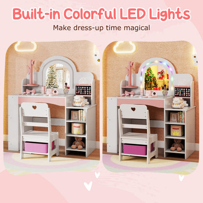 Kids Vanity Set with Colorful LED Lights Princess Makeup Dressing Table with Chair-White