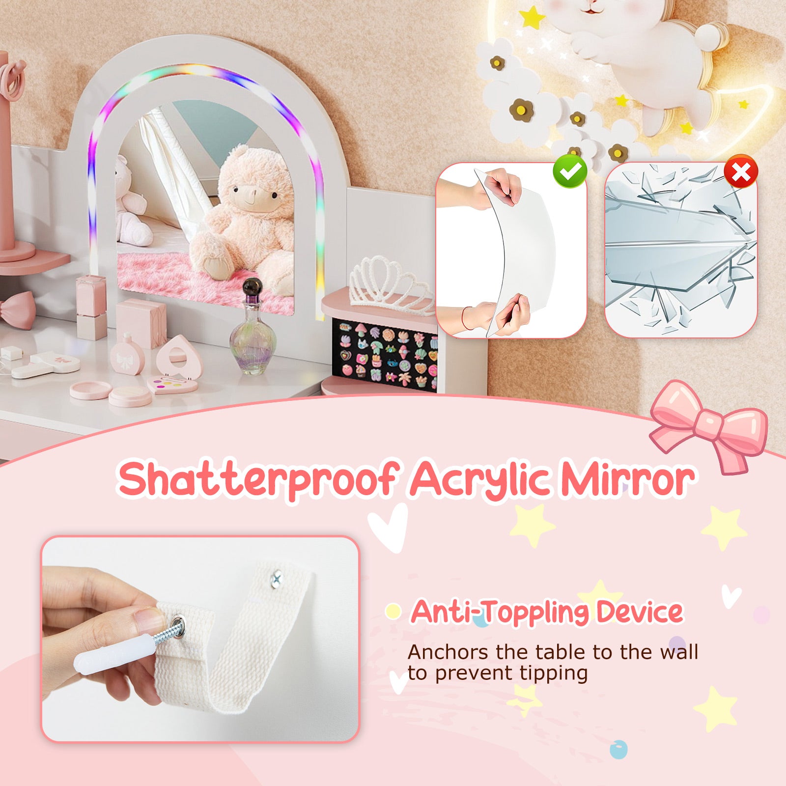 Kids Vanity Set with Colorful LED Lights Princess Makeup Dressing Table with Chair-White