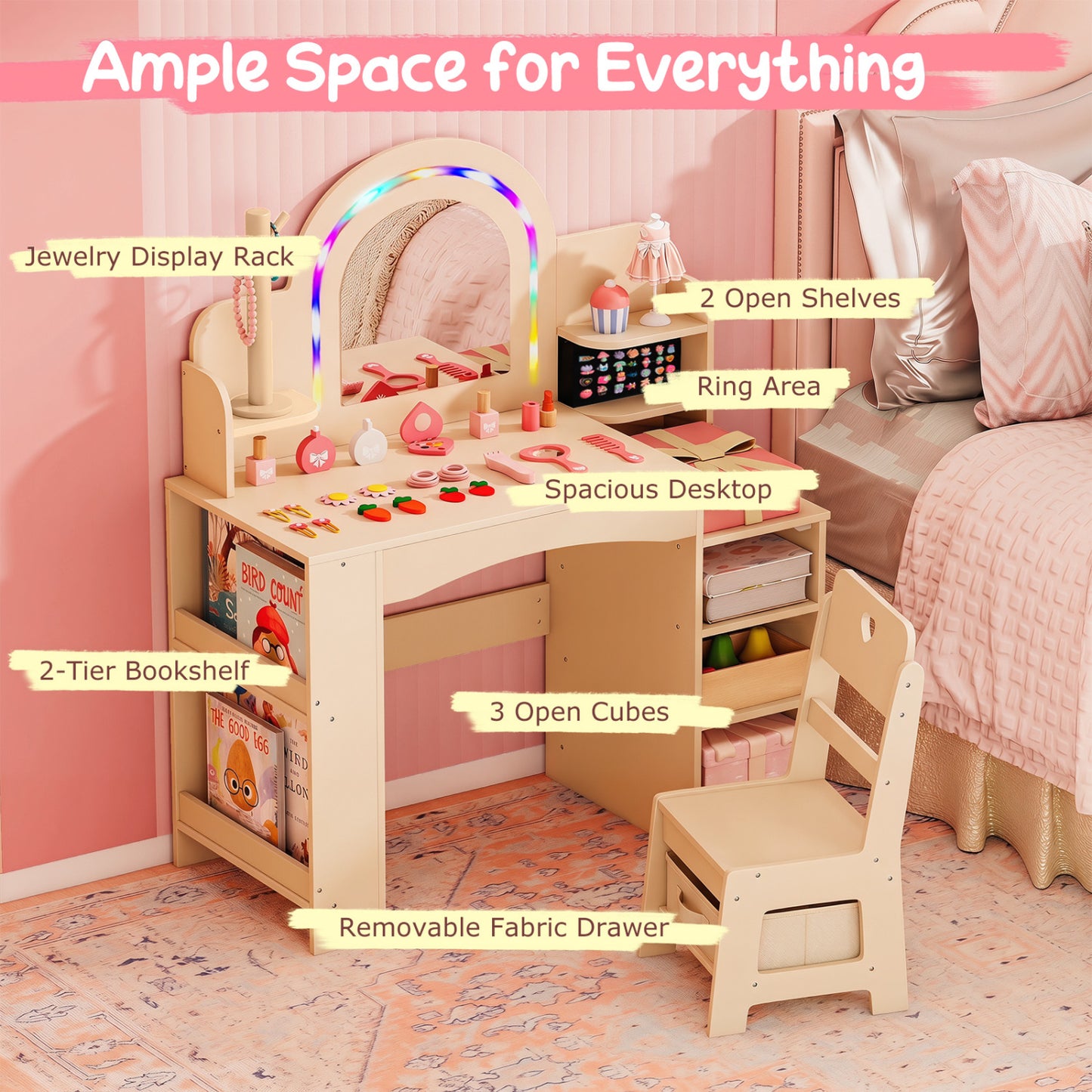 Kids Vanity Set with LED Mirror and Chair - Natural