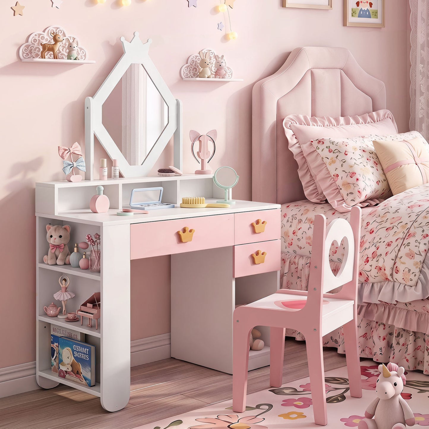 Kids Vanity Set with Crown Mirror and Chair