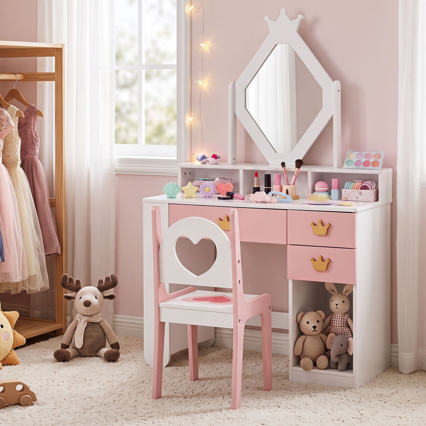 Kids Vanity Set with Crown Mirror and Chair