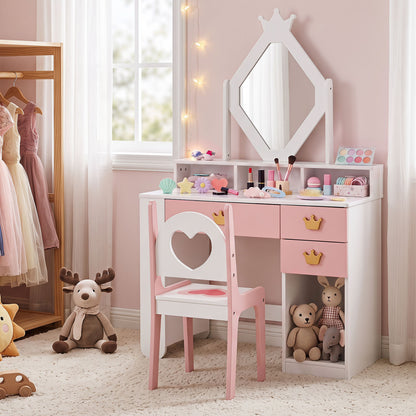 Kids Vanity Set with Crown Mirror and Chair