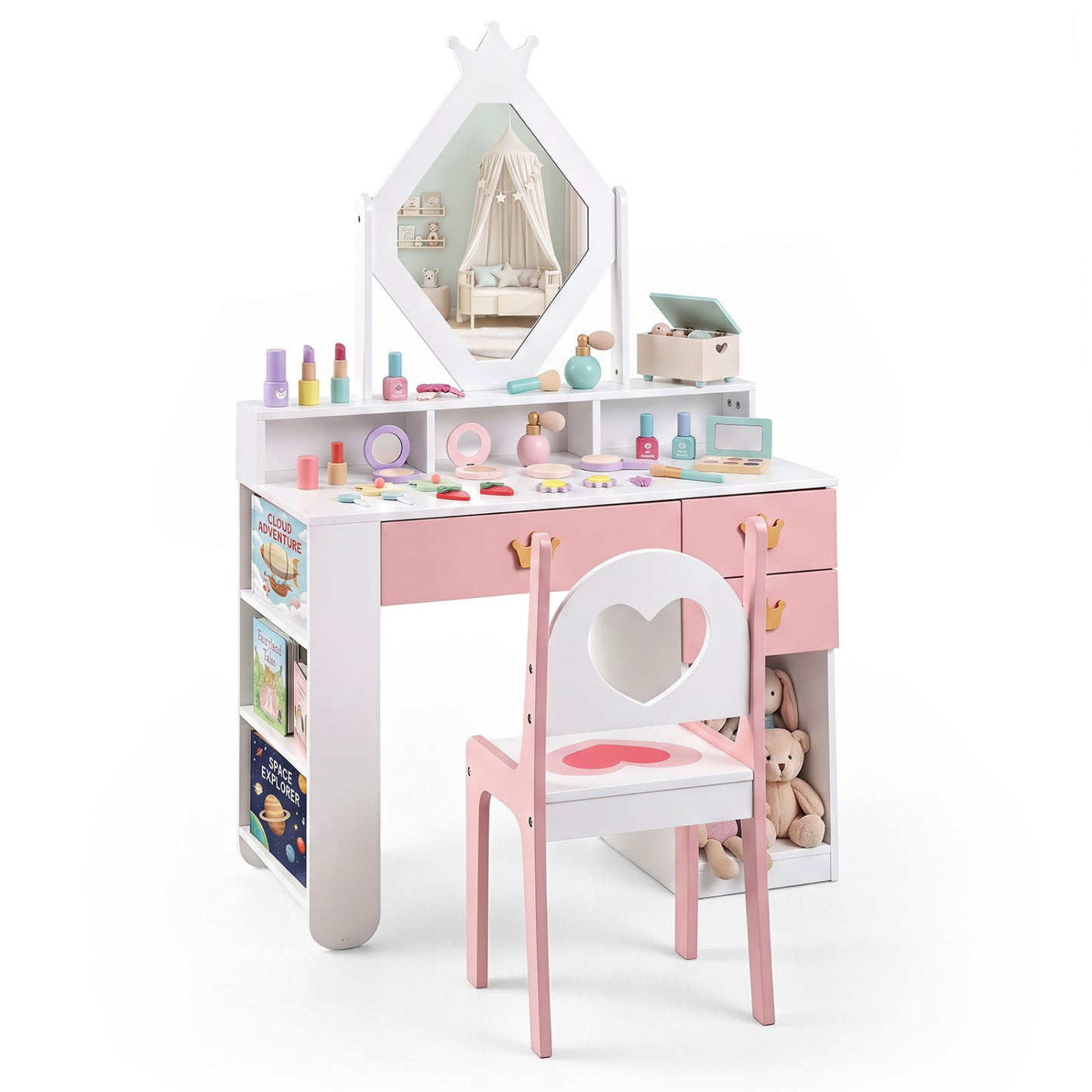Kids Vanity Set with Crown Mirror and Chair