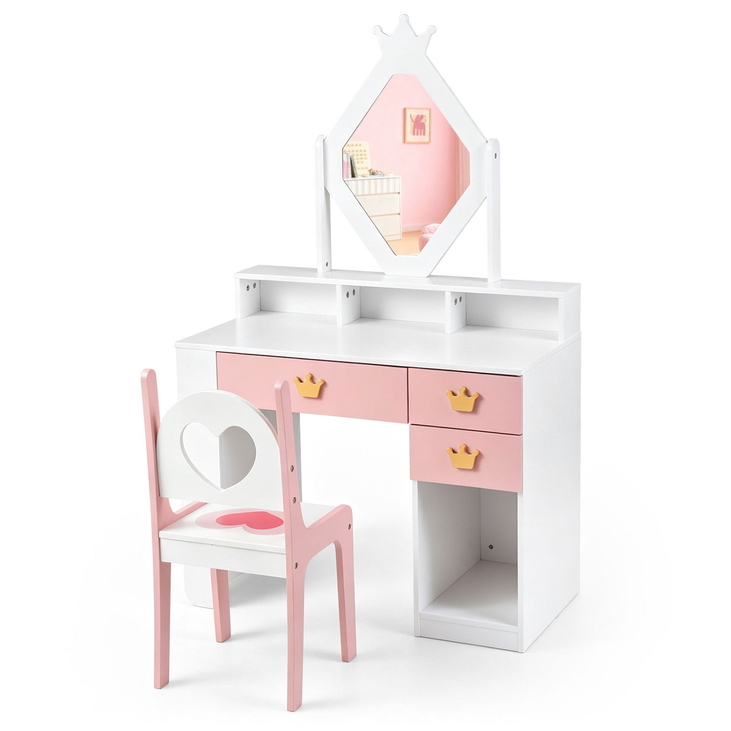 Kids Vanity Set with Crown Mirror and Chair