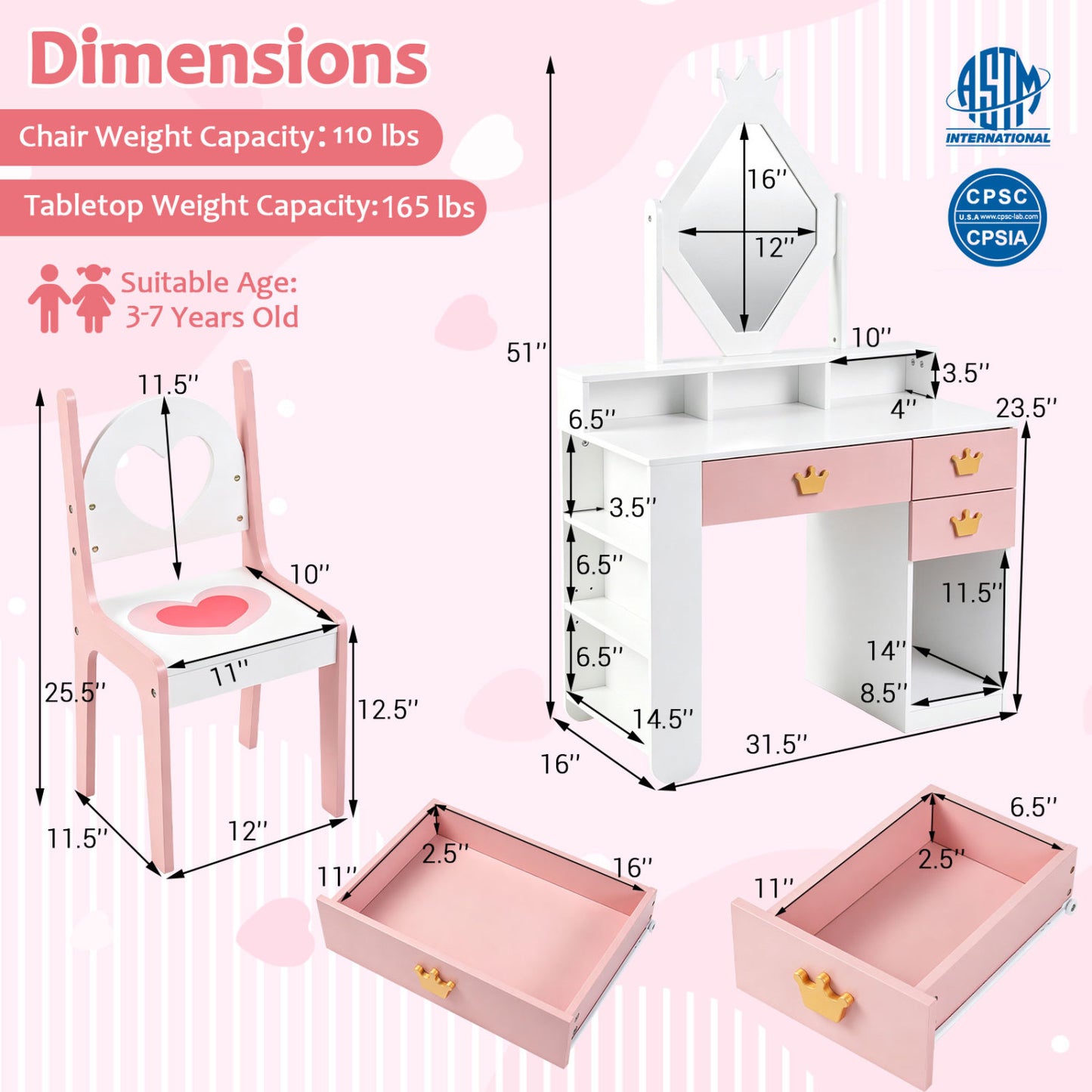 Kids Vanity Set with Crown Mirror and Chair