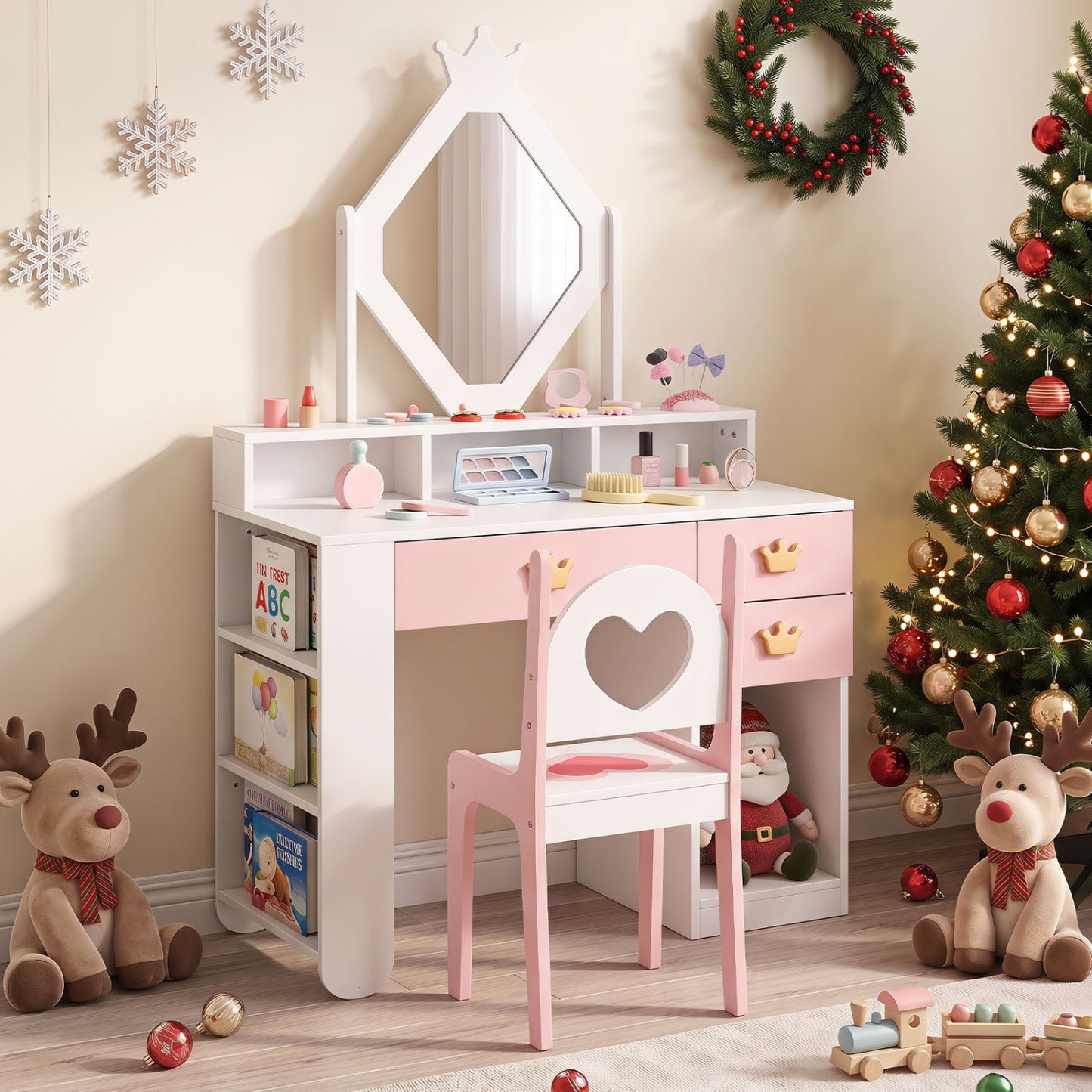Kids Vanity Set with Crown Mirror and Chair