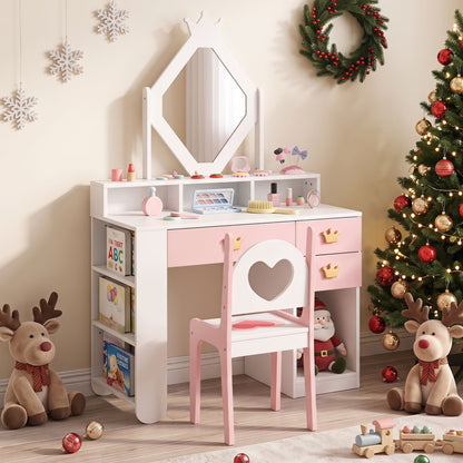 Kids Vanity Set with Crown Mirror and Chair