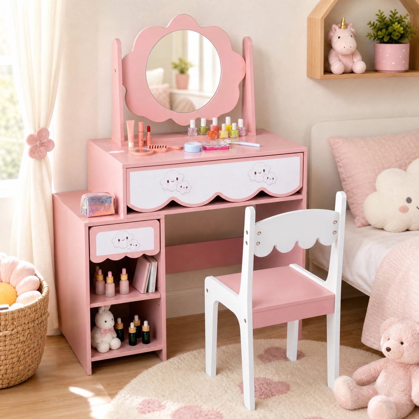 Kids Vanity Set with Rotating Mirror and Chair - Pink