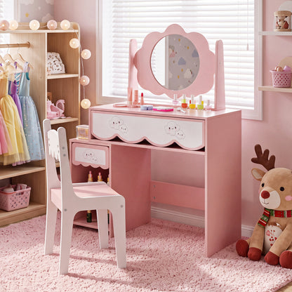 Kids Vanity Set with Rotating Mirror and Chair - Pink