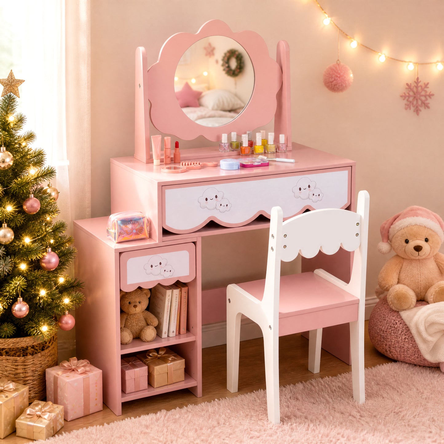 Kids Vanity Set with Rotating Mirror and Chair - Pink