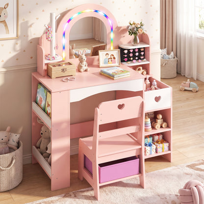 Kids Vanity Set with Colorful LED Lights and Jewelry Stand for Toddlers