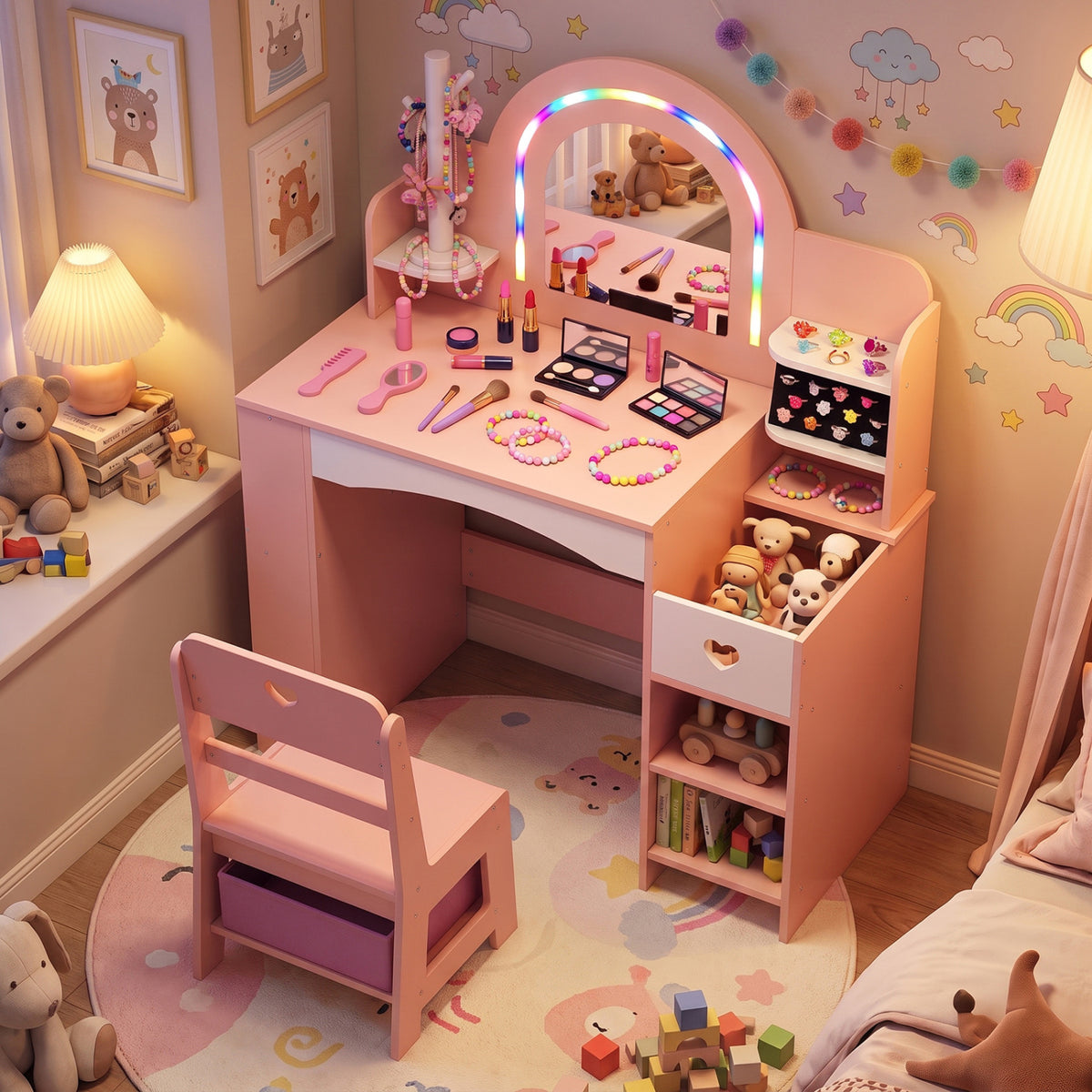 Kids Vanity Set with Colorful LED Lights and Jewelry Stand for Toddlers