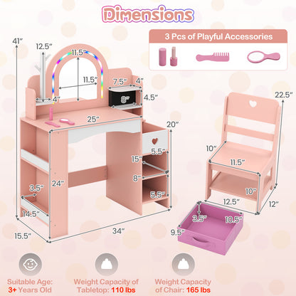 Kids Vanity Set with Colorful LED Lights and Jewelry Stand for Toddlers
