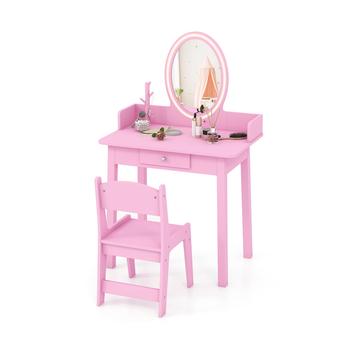 Kids Vanity Set with Lighted Mirror-Pink - Pink