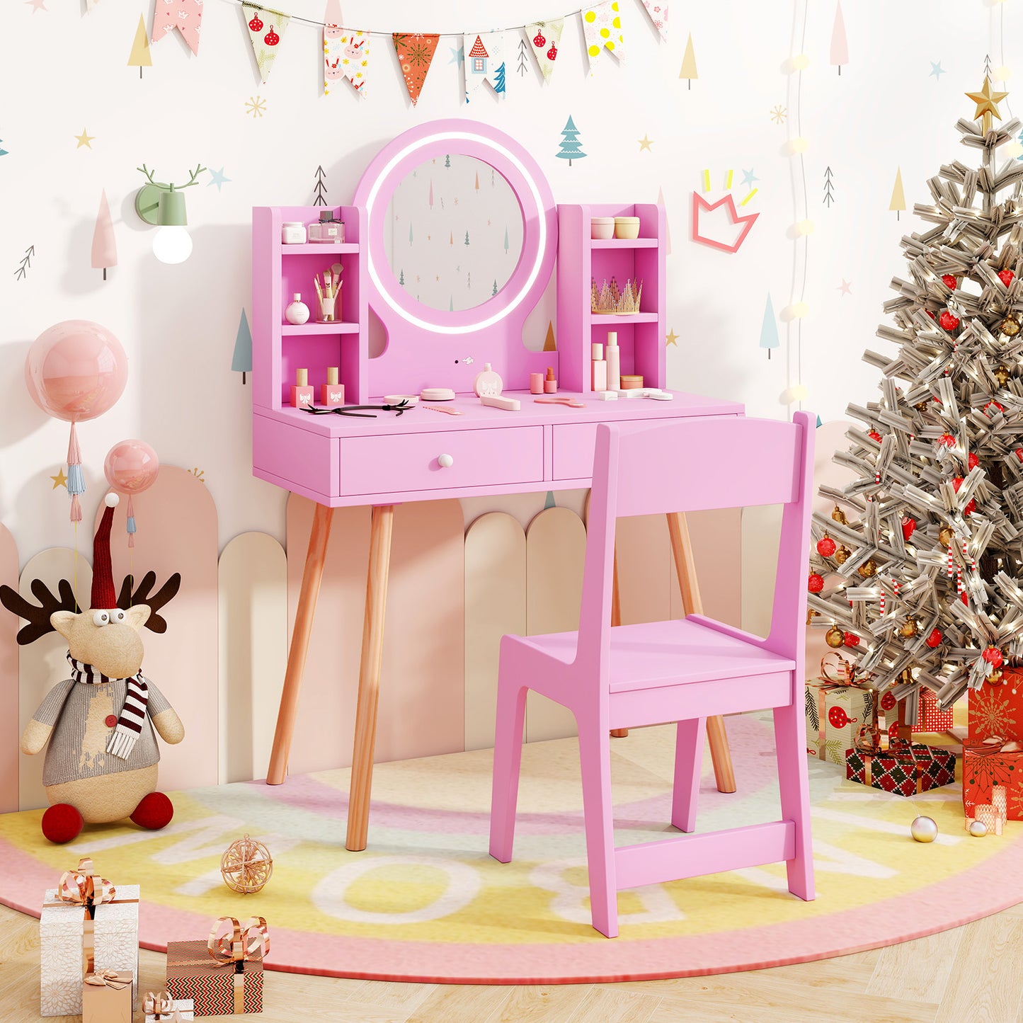 Kids Vanity Set with Lighted Mirror and Storage Drawers