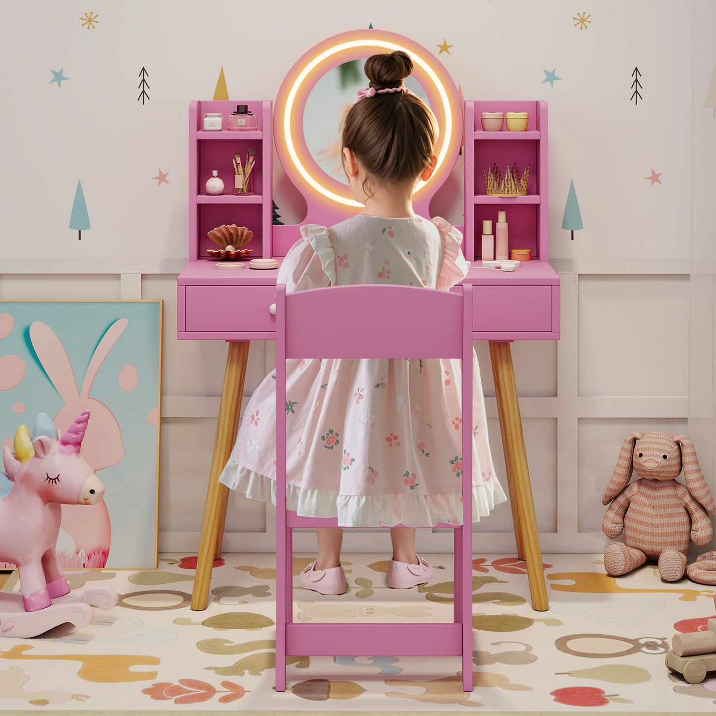 Kids Vanity Set with Lighted Mirror and Storage Drawers