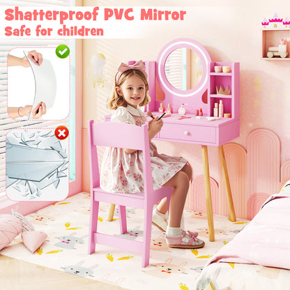 Kids Vanity Set with Lighted Mirror and Storage Drawers