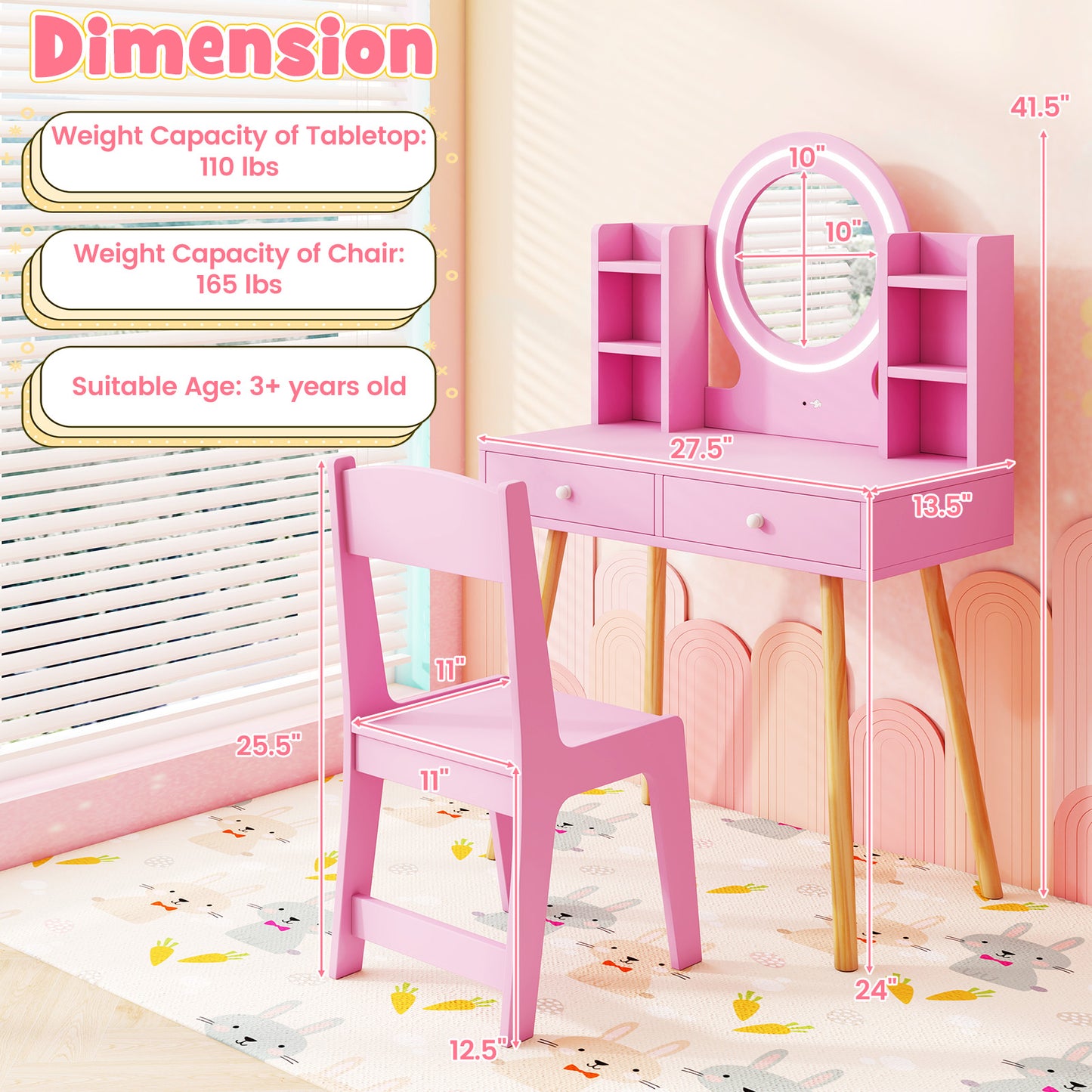 Kids Vanity Set with Lighted Mirror and Storage Drawers