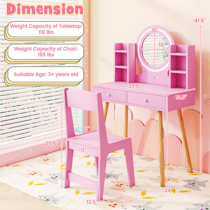 Kids Vanity Set with Lighted Mirror and Storage Drawers