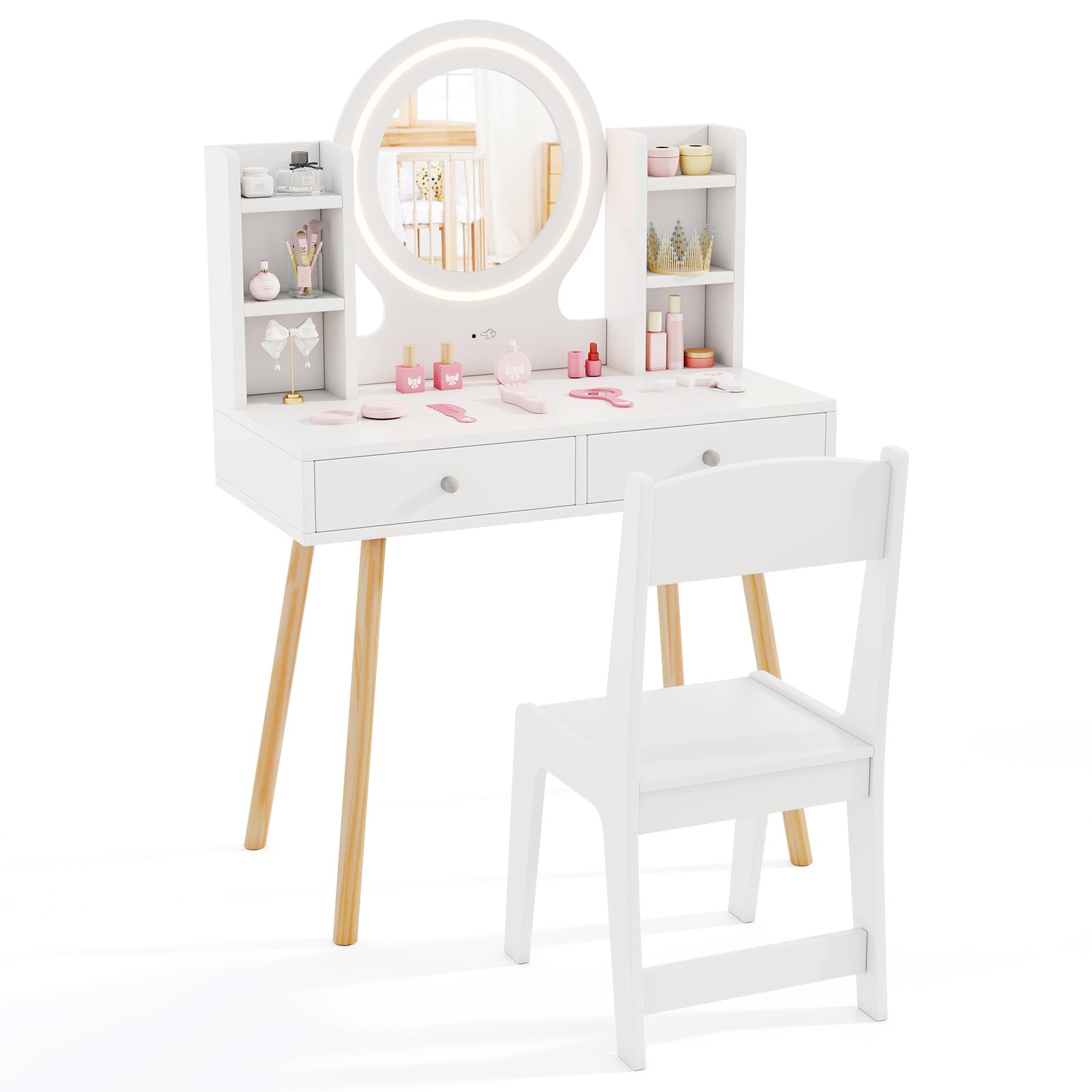 Kids Vanity Set with Lighted Mirror and Storage Drawers-White - White